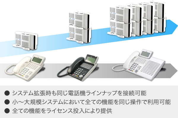 システム拡張時も同じ電話機ラインナップを接続することが可能・小～大規模システムにおいて、すべての機能を同じ操作で利用することが可能・すべての機能をライセンス投入により提供